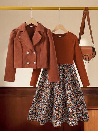 SHEIN 2pcs Girls Outfit Set: Corduroy Lapel Double-Breasted Short Jacket, Round Neck Long Sleeve Ditsy Floral Patchwork Dress, Casual Autumn Suit