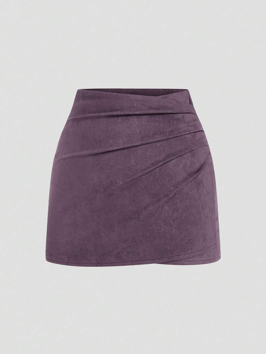 Sweetra Plus Size Pleated Asymmetric Zipper Decor Faux Suede Short Skirt, Minimalist Commuter Style, Autumn/Winter - Purple - View 1