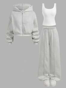Girlism Conjunto casual de chica adolescente con sudadera con capucha de manga larga y cremallera de unicolor, top de tirantes de unicolor y pantalones de pierna ancha, otoño/invierno