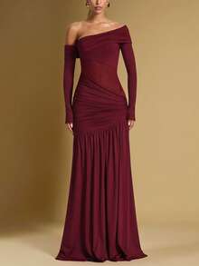 Briarwyn Abito lungo da donna con spalla asimmetrica, maniche lunghe, arricciature e spacco sexy, in colore unito