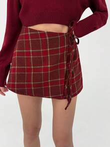 Aloruh 女士秋冬百搭百搭万圣节、圣诞节、新年红色格纹优雅A字型裹腰系带迷你裙 - 紅色 - 查看 1