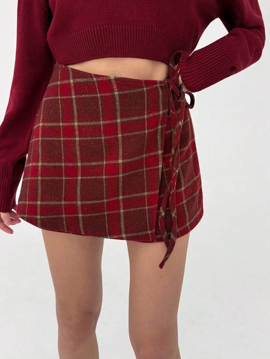 Aloruh 女士秋冬百搭百搭万圣节、圣诞节、新年红色格纹优雅A字型裹腰系带迷你裙 - 紅色 - 查看 1