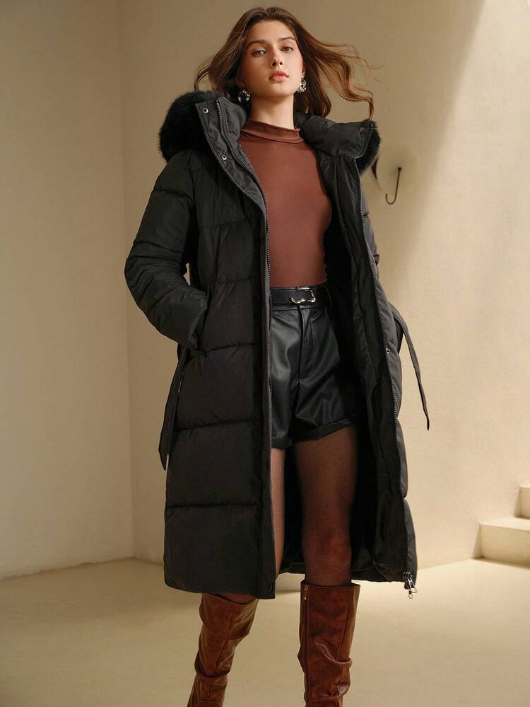 Jaqueta Longa de Inverno com Capuz, Casual, Sólida, de Manga Longa, Gola com Zíper e Remendos de Pele Sintética