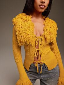 Denimoi Fringe Detail Open Front Sweater Cardigan For Fall And Winter Fashionable - Yellow - View 7