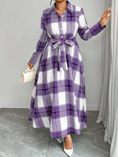 Elenzga Plus Size Casual Everyday Plaid Button-Up Long Sleeve Midi Dress, Autumn