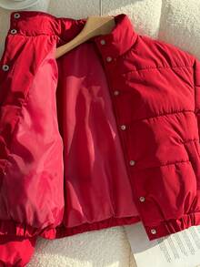 SHEIN 1pc Tween Girl Minimalist Solid Color Stand Collar Short Padded Coat, Winter - Burgundy - View 8