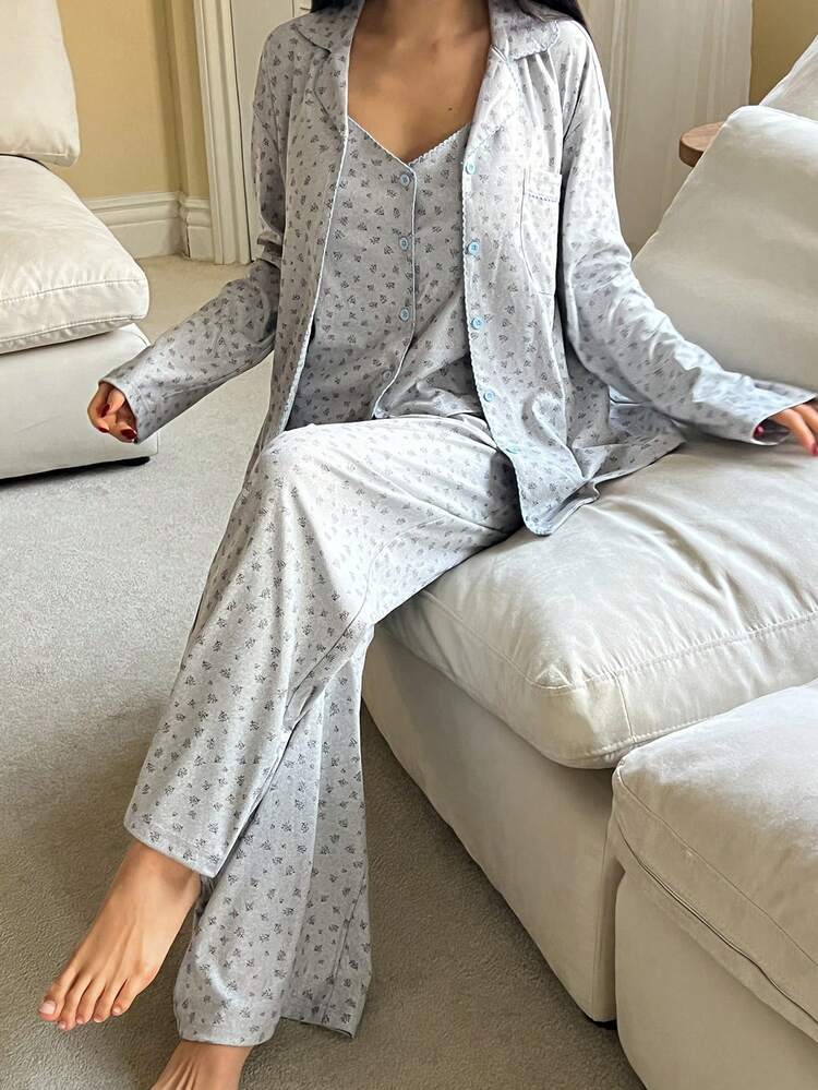 Women's Ditsy Floral Contrast Trim Camisole And Pants Pajama Set, Autumn/Winter