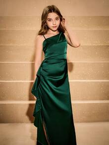 Elegant Fitted One Shoulder Slit Ruffle Hem Dress For Girls, Suitable For Wedding, Prom, Birthday Party, Christmas, Halloween, Back To School, Graduation - Dark Green - View 7