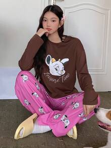 DAZY Cartoon Muster Locker Sitzende T-Shirt Top & Pyjama Hose 2 Stücke Schlafanzug Set für Frauen