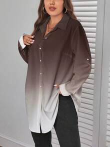 SHEIN Essnce Cămașă cu mânecă lungă pentru femei de mărime plus, cămașă cu imprimeu gradient, îmbrăcăminte pentru femei de toamnă, topuri cu mâneci, topuri profesionale, cămăși de toamnă pentru femei, bluze cu mânecă lungă pentru femei - cafea maro - Vizualizare 3
