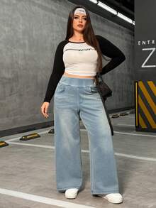 Flexra 大码高弹针织阔腿男友牛仔裤 - 霧霾藍 - 查看 10