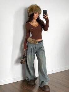 StreetHx Áo len dài tay cổ chữ V thêu nút trơn màu phong cách đường phố dành cho nữ - Màu xanh lam - Xem 5