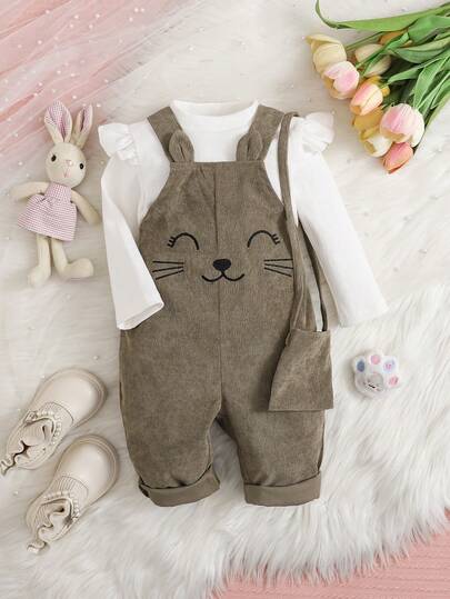 SHEIN Playful Pals 3pcs Baby Girls' Knit Top + Corduroy Jumpsuit + Bag Set, Autumn/Winter