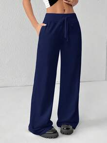 SHEIN PETITE Quần nỉ ống rộng dệt kim trơn cạp thấp thoải mái và giản dị dành cho nữ - Màu xanh bụi bặm - Xem 7