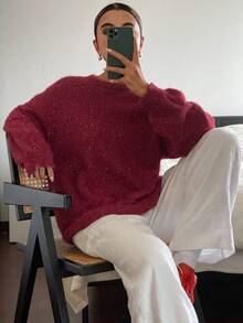 Livesso 女士宽松商务休闲时尚街头优雅红色亮片闪亮新年圣诞节婚礼情人节套头针织毛衣，秋冬 - 紅色 - 查看 6