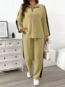 EMERY ROSE Plus Size Black Autumn Casual Curve Loungewear Zip Collar Soft Knit Ribbed Side Contrast Splice Lantern Sleeve T-Shirt&Wide Leg Pants 2-Piece Set - Multicolor - View 3