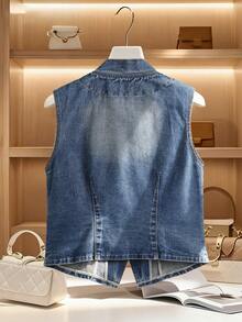 GlowEve 女式水钻装饰单排扣牛仔背心 - 中等水洗藍 - 查看 2