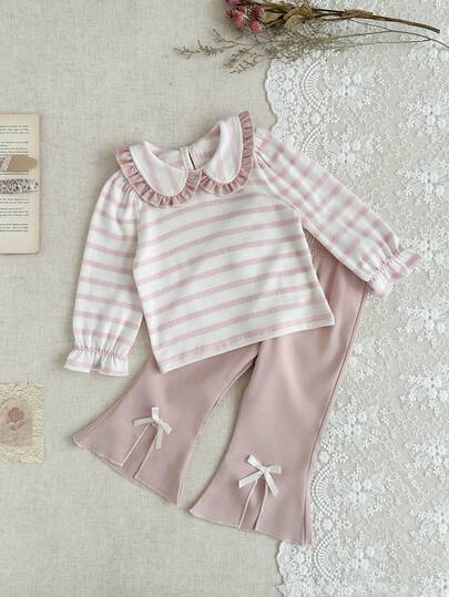 SHEIN 2 件套女婴秋冬装，返校，3 个月 - 3 岁，白色和粉色条纹休闲可爱荷叶边领泡泡袖套头衫 + 松紧腰喇叭裤，柔软舒适，适合外出和居家，可作为礼物