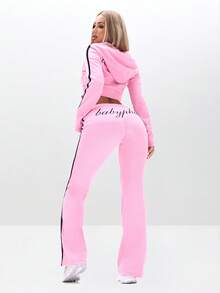 BABYPHAT Quần legging ống loe cạp cao có gân với chi tiết sọc hai bên cho sự thoải mái thường ngày - Hồng - Xem 2