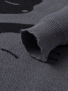 Chillumni Áo len cổ tròn họa tiết mèo Colorblock thường ngày cho nam, Thu/Đông - Màu xám đen - Xem 5