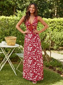 KARISMINA Rochie ocazională de damă, fără spate, cu decolteu în V, în formă de A, potrivită pentru vacanță - Roșu Ditsy Floral, stil boho - Multicolor - Vizualizare 3