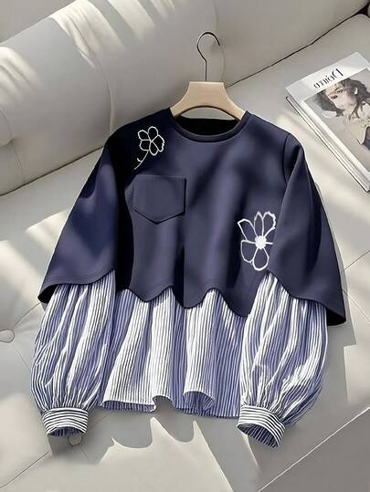 Everyssa 条纹拼布圆领花卉印花口袋休闲女式套头衫秋季