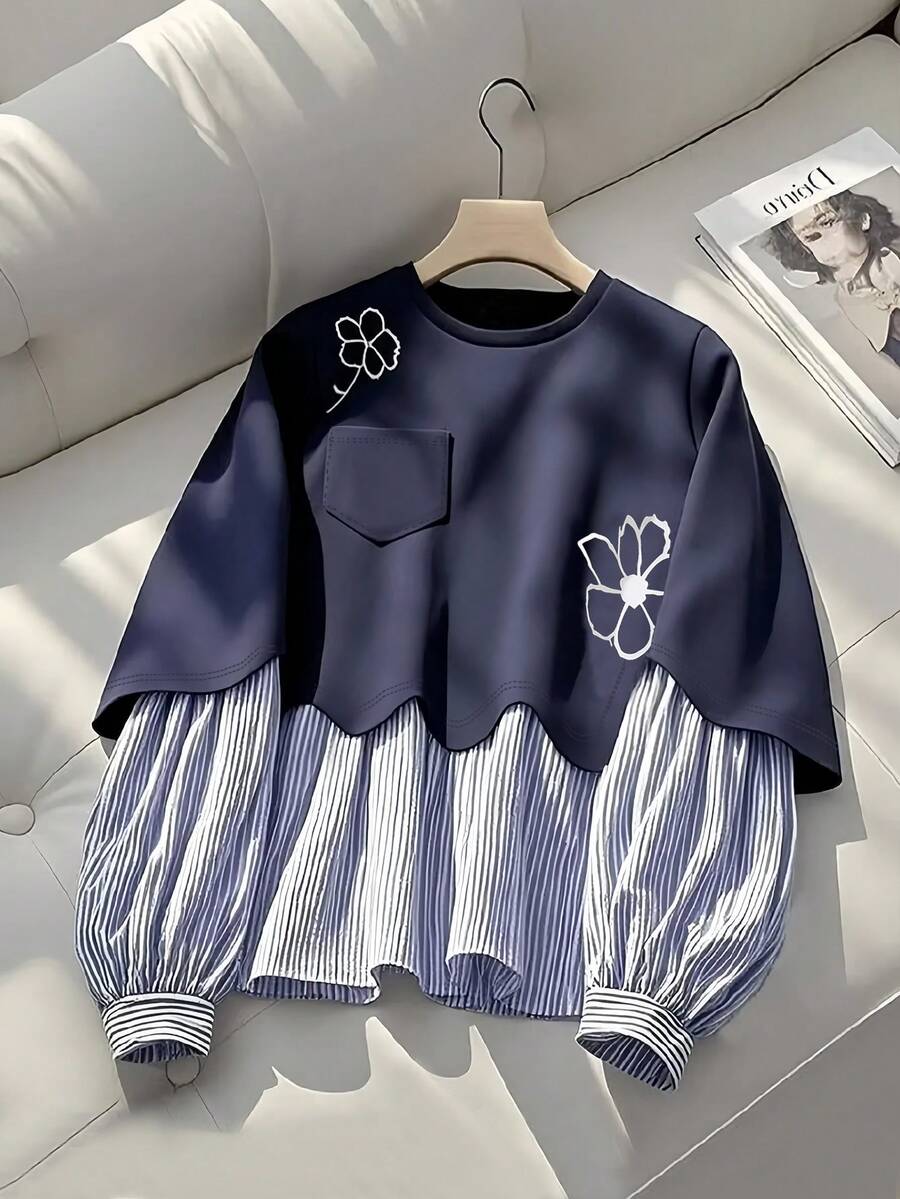 Everyssa Striped Patchwork Round Neck Floral Print Pocket Casual Women Sweatshirt Pullover Fall - Navy Blue - View 1