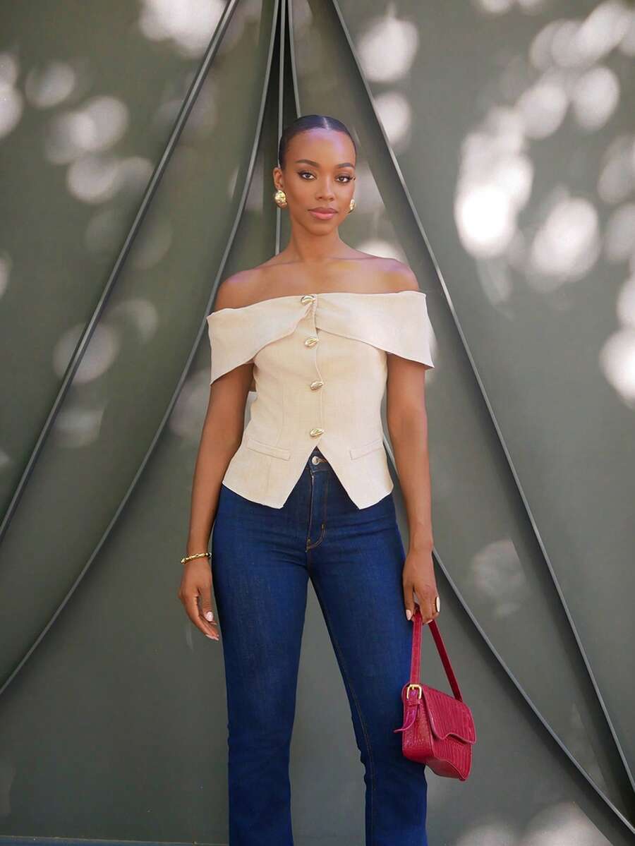 Yess Loren Women's One Shoulder Metal Button Front Placket Shirt, One Shoulder Elegant Women's Shirt, Business Casual Women's Clothing, Women's Teacher Clothing