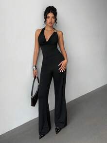 Jeanoix 女式纯色垂领时尚连体衣，带金属环装饰 - 黑色 - 查看 5