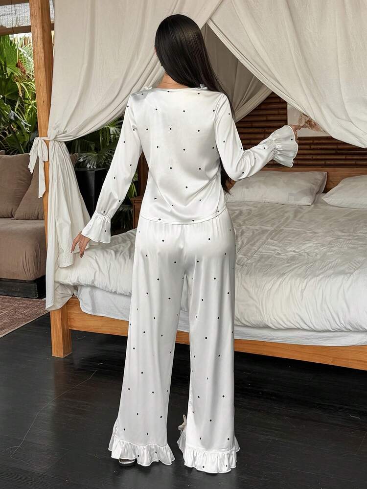 Polka Dot Pattern Satin Ruffle Trim Women Pajama Set, Winter Clothes