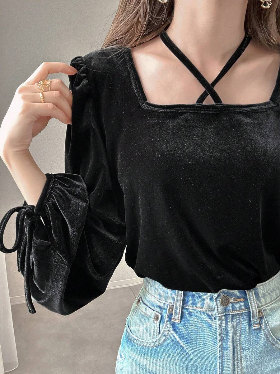 FRIFUL Women's Square Neck Criss-Cross Tie Neck Lantern Sleeve Solid Color Sweet Velvet T-Shirt - Black - View 1