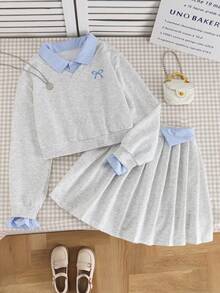 少女条纹领蝴蝶结印花长袖运动衫和百褶迷你裙休闲装，秋季