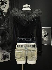 EgrlEra Áo nỉ trùm đầu màu đen dành cho nữ có cổ lông thú giả và trang trí bằng kim loại - màu đen - Xem 2