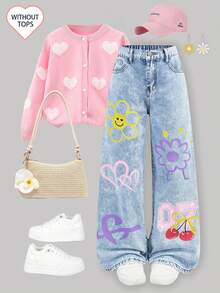 SHEIN Tween Girl Light Blue Graffiti Patterns Loose Denim Jeans,Y2k Vintage Summer Streetwear,Back-To-School School Dailywear Smiling Faces Hearts Flowers - Blue - View 2