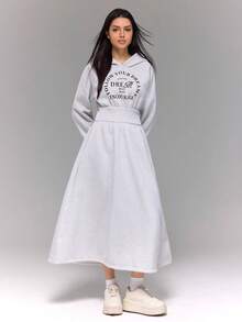 少女休闲百搭日常学院风字母印花连帽束腰长袖运动衫连衣裙 - 灰色 - 查看 5