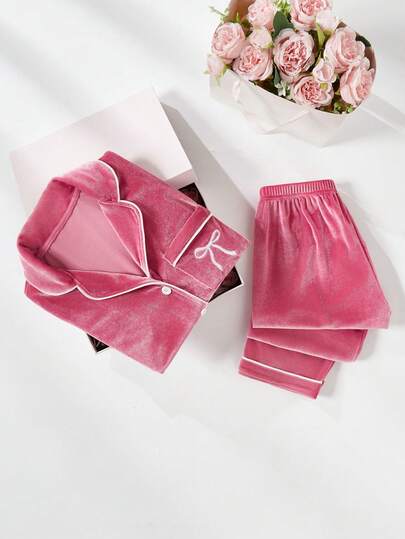 2 st/set för flickor, rosarött, plyschigt, casual, långärmad kofta, topp och byxor, set med loungewear, mjukt plysch, höst/vinter