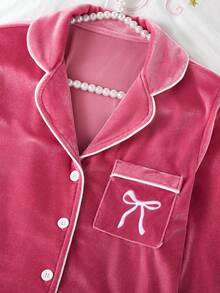 2件套少女玫瑰红毛绒休闲长袖开衫上衣和裤子家居服套装，柔软毛绒，适合秋冬季穿着