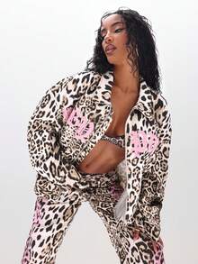 BABYPHAT Leopard Print Oversized Workwear Chore Jacket With Applique Details For Casual Streetwear - Khaki - View 5