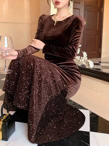 DAZY 法国奢华丝绒亮片美人鱼连衣裙，女士秋冬新款，精致缀饰长裙，新年、圣诞节 - 咖啡 - 查看 4