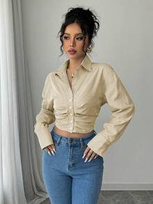 Elenzga Áo sơ mi dài tay nhún bèo kẻ sọc thường ngày dành cho nữ, mùa xuân - Màu Khaki - Xem 4