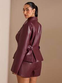 Wellenrocha Plus Size Women's Solid Color Lapel NeckLong Sleeve Single-Breasted PU Leather Elegant Jacket, Autumn - Burgundy - View 3