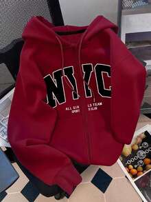 INAWLY Damen Große Größen Kapuzen-Reißverschluss-Sweatshirt, Buchstaben-Muster-Muster, lässige Jacke für Lehrer, Abschluss, Alltagstragen, Winteroberbekleidung und schick, Damen Große Größen Kapuzen-Langarm-Sweatshirt - Bordeaux - Übersicht 1