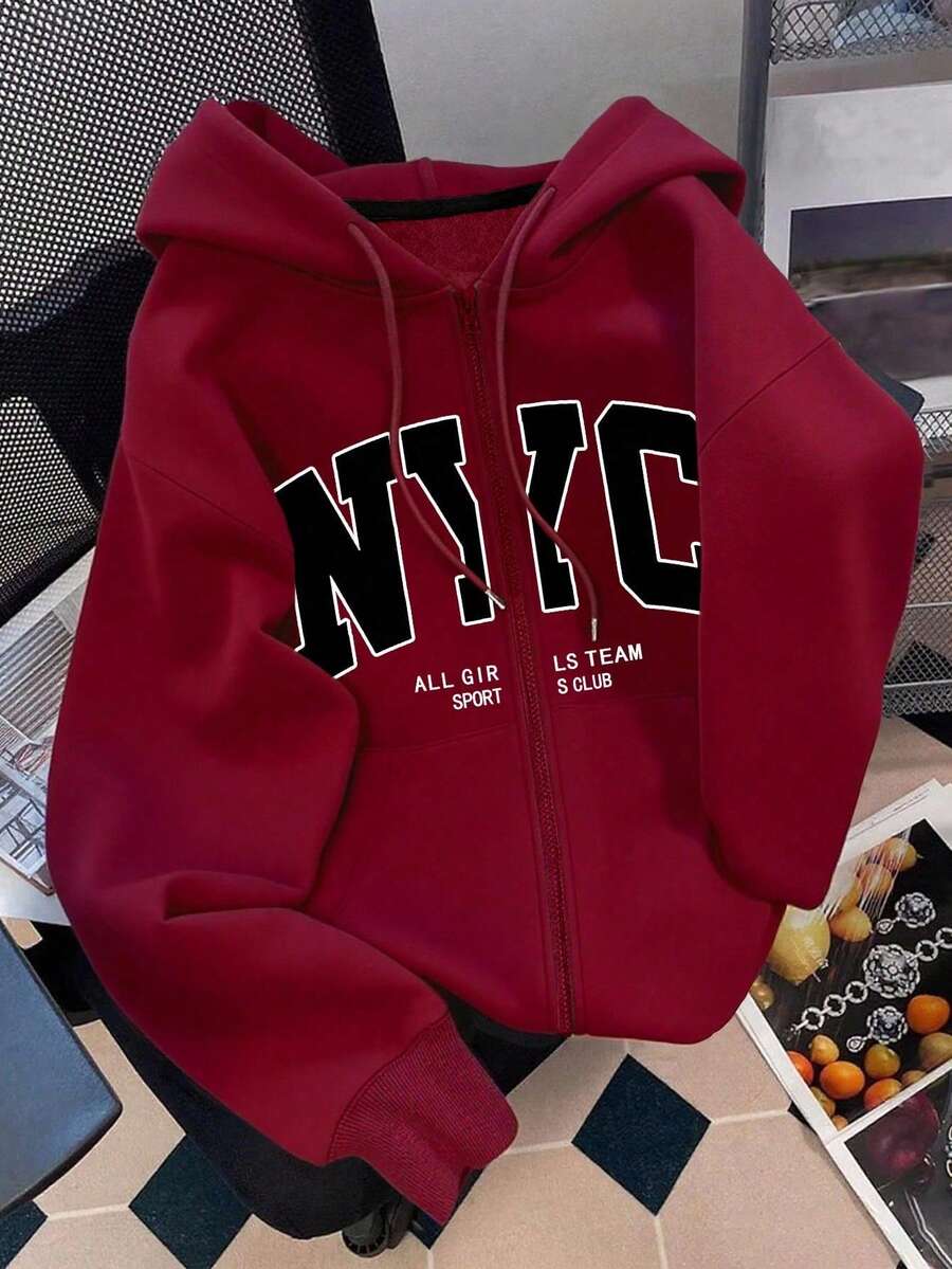 INAWLY Damen Große Größen Kapuzen-Reißverschluss-Sweatshirt, Buchstaben-Muster-Muster, lässige Jacke für Lehrer, Abschluss, Alltagstragen, Winteroberbekleidung und schick, Damen Große Größen Kapuzen-Langarm-Sweatshirt - Bordeaux - Übersicht 1