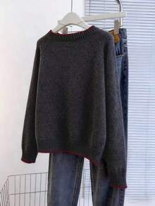 Franclia 休闲宽松圆领长袖针织撞色饰边插肩袖杏色女式套头衫，春秋