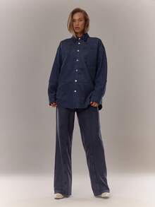 MUSERA Suede Drop Shoulder Seam Detail Popper Through Shirt Everyday Cosy Going Out Fall Autumn Winter Blue Elegant