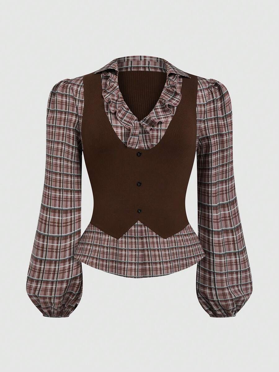 Sweetra Plus Size Women Patchwork Ruffle Hem Elegant Plaid Fitted Shirt - Brown - View 1