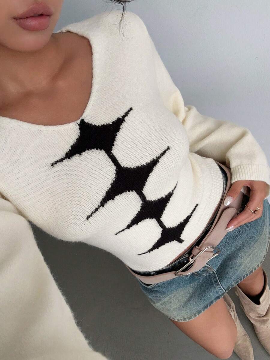 Jeanoix Damen Kontrast-Farbmuster Langarm Strickpullover