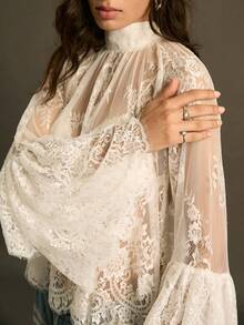 SoleilVie 女士波西米亚复古立领插肩袖优雅衬衫，女士复古优雅性感透视露肩裹胸长袖双层袖口高领上衣，适合圣诞节等节日穿着 - 白色 - 查看 7