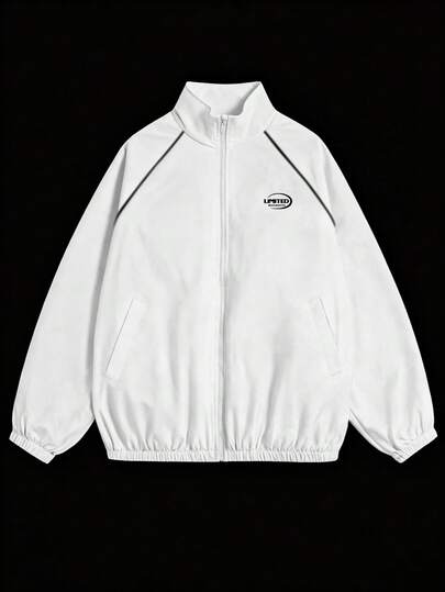 Manfinity Dauomo Chaqueta casual de manga larga para hombres con estampado de letras, contraste reflectante y rayas