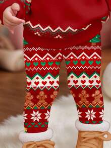 SHEIN Baby Girl Christmas 2 Pieces Set,Red Fair Isle Cute Reindeer Gingerbread Man Sweatshirt & Leggings,Matching Family Autumn Outfit For Xmas Party - Multicolor - View 3